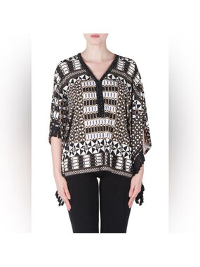 Joseph Ribkoff Geometric print poncho top beaded detail fringe hem loose sz 18